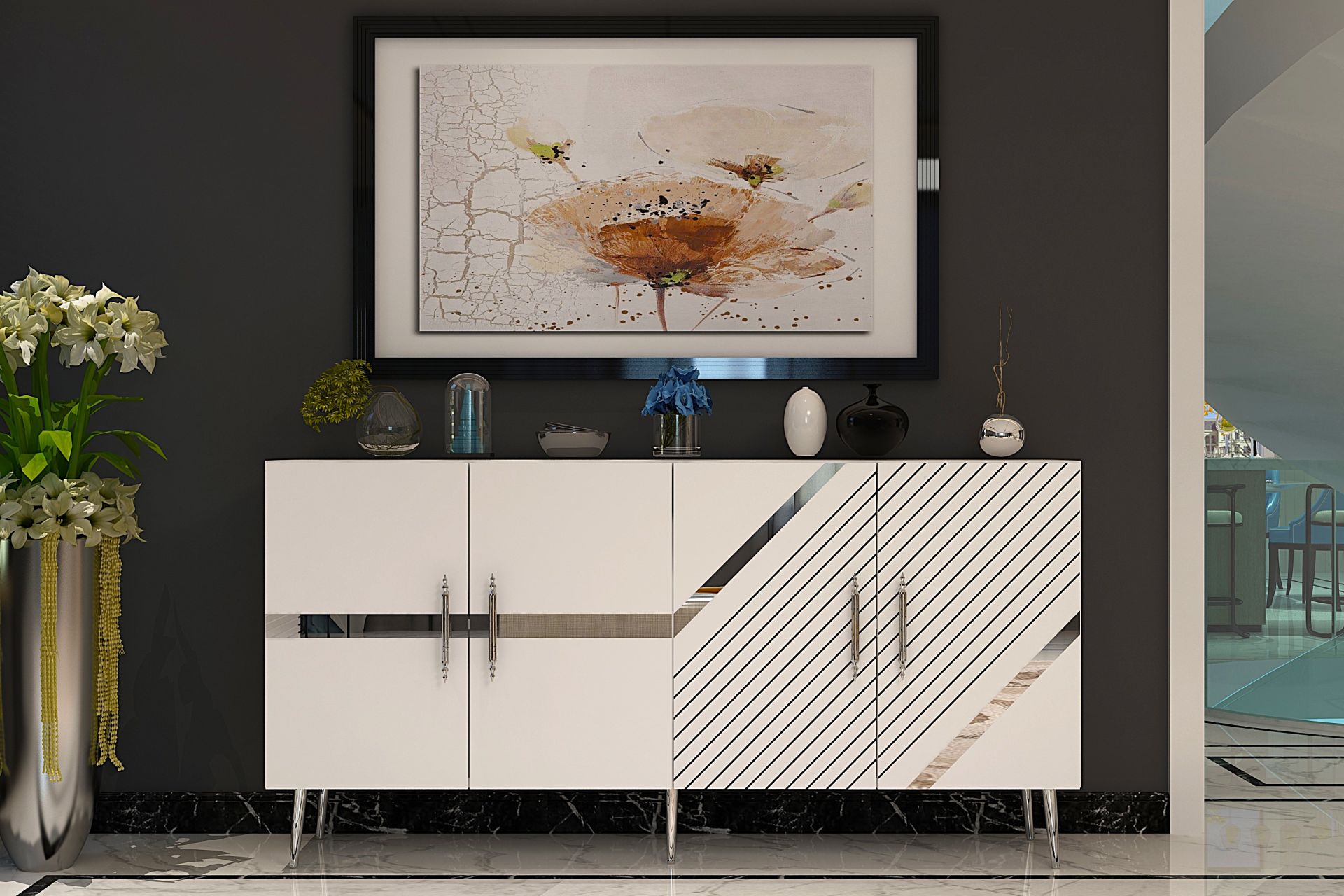 Pınar Konsol Tv Sehpası Çok Amaçlı Dolap 150 cm Beyaz Gümüş