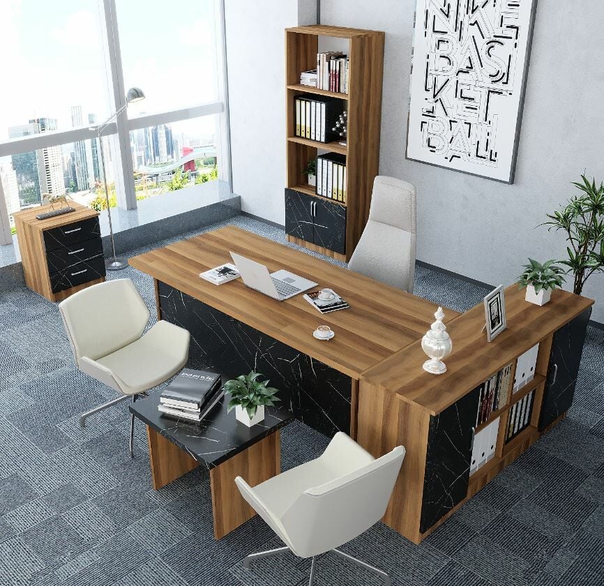 Padova 5'li Ofis Takımı Ücretsiz Kurulum Model 3 Ceviz Siyah Mermer