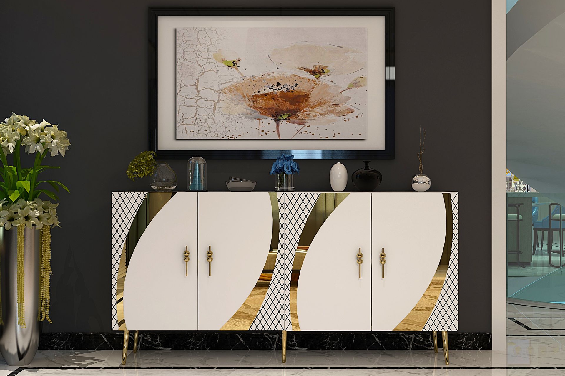 Handle Konsol Tv Sehpası Çok Amaçlı Dolap 150 cm Beyaz Altın