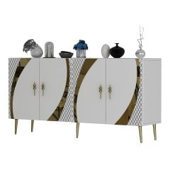 Handle Konsol Tv Sehpası Çok Amaçlı Dolap 150 cm Beyaz Altın