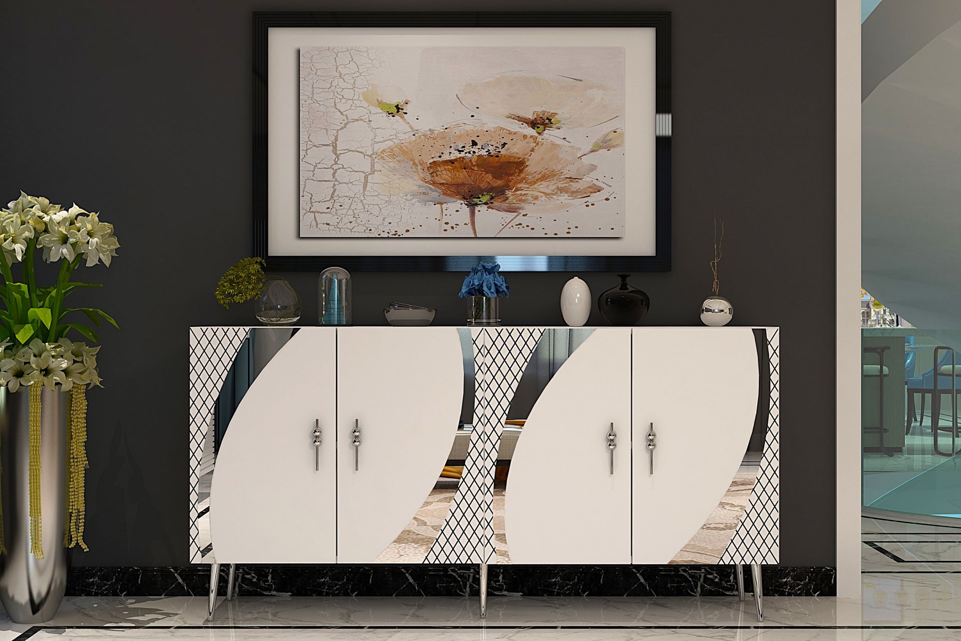 Handle Konsol Tv Sehpası Çok Amaçlı Dolap 150 cm Beyaz Gümüş